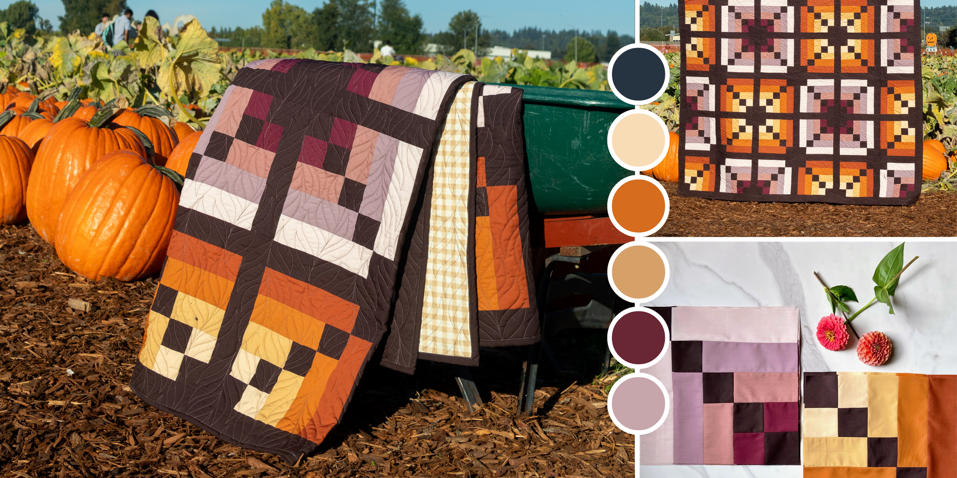 An autumn-inspired quilt, adorned with warm hues of red, orange, and brown, laid out in a charming pumpkin patch, surrounded by the vibrant colors of fall foliage.