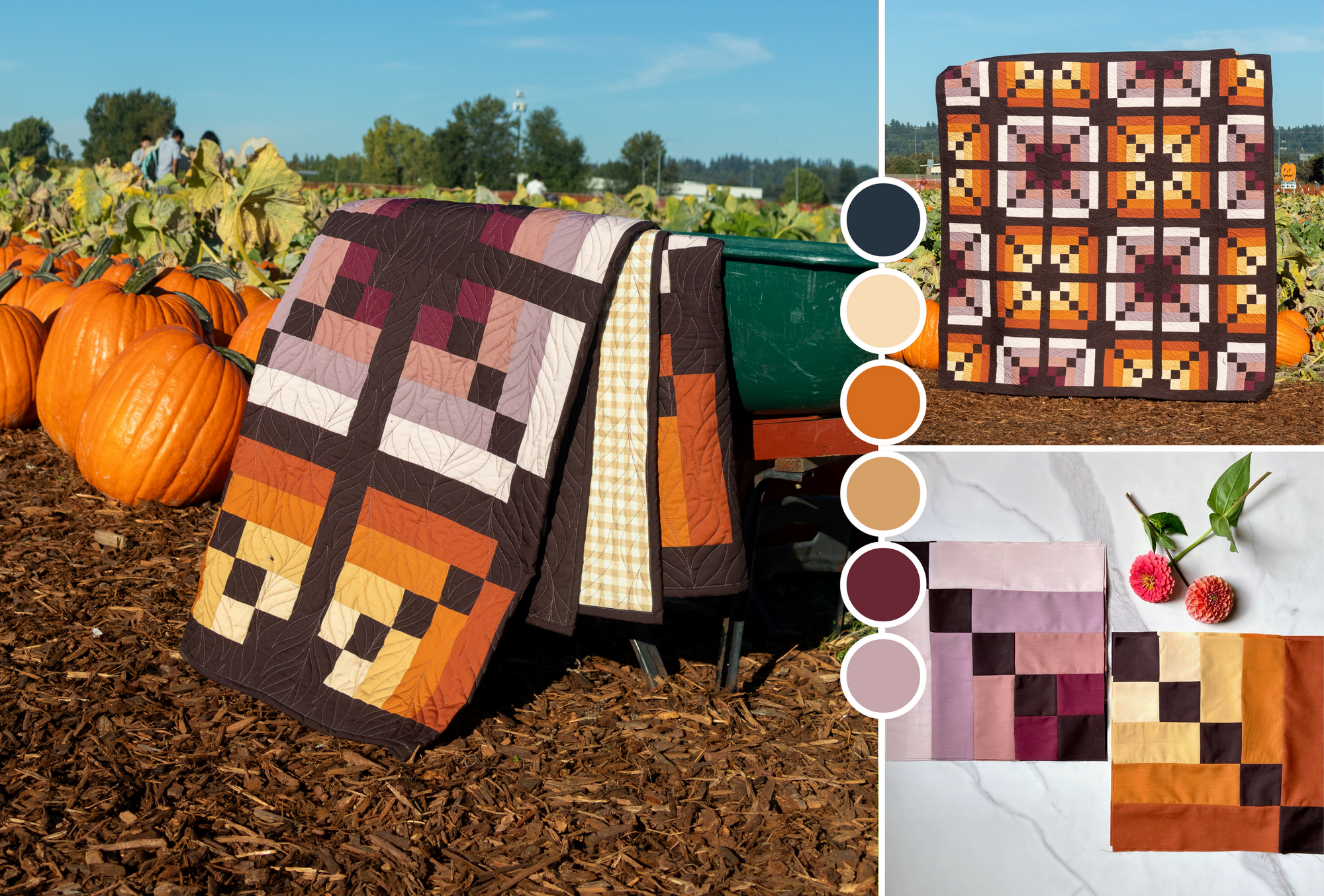 An autumn-inspired quilt, adorned with warm hues of red, orange, and brown, laid out in a charming pumpkin patch, surrounded by the vibrant colors of fall foliage.