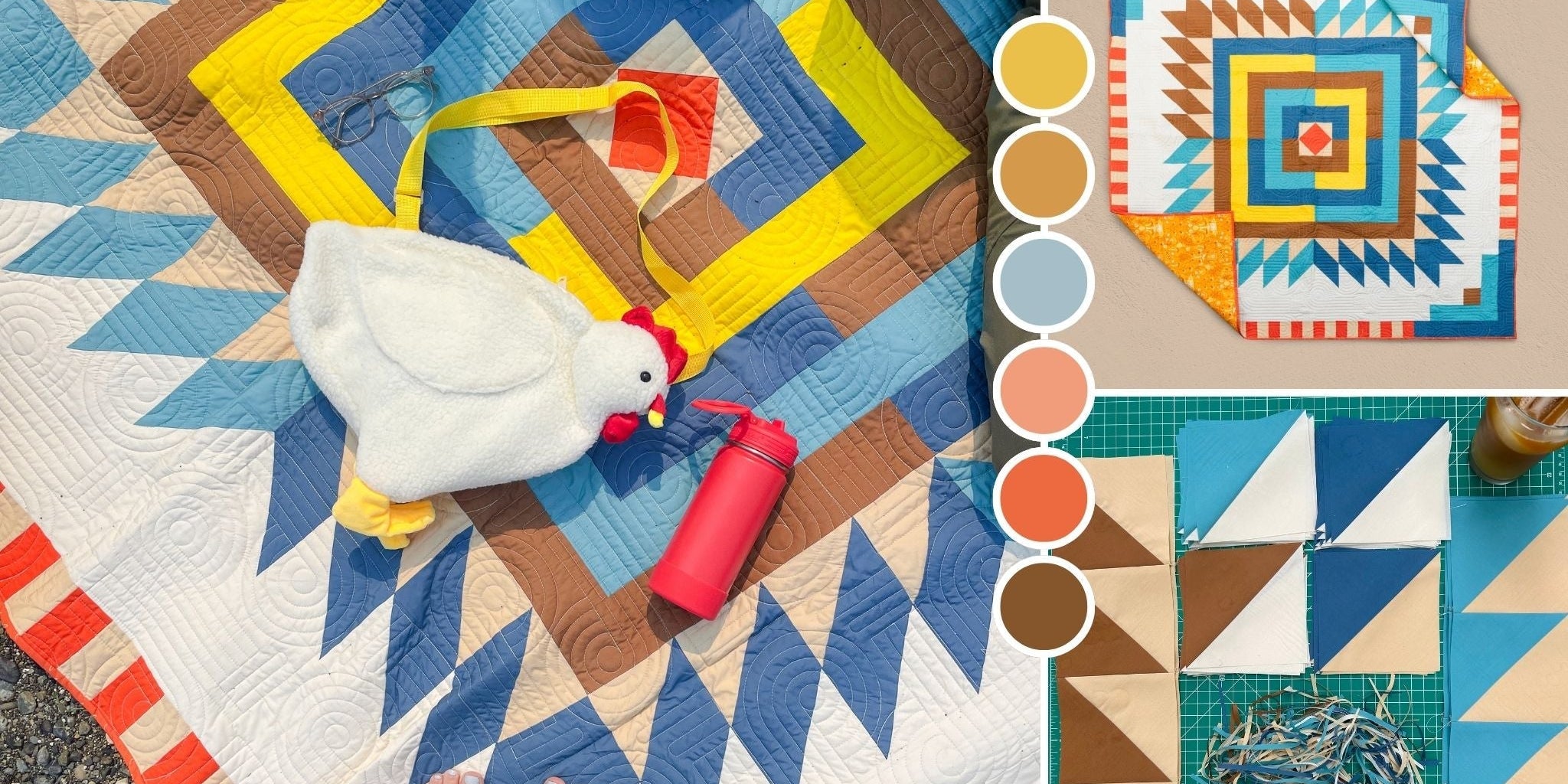 Collage of the finished Floyd quilt and various stages of the process September quilt color palette by Toad & Sew.