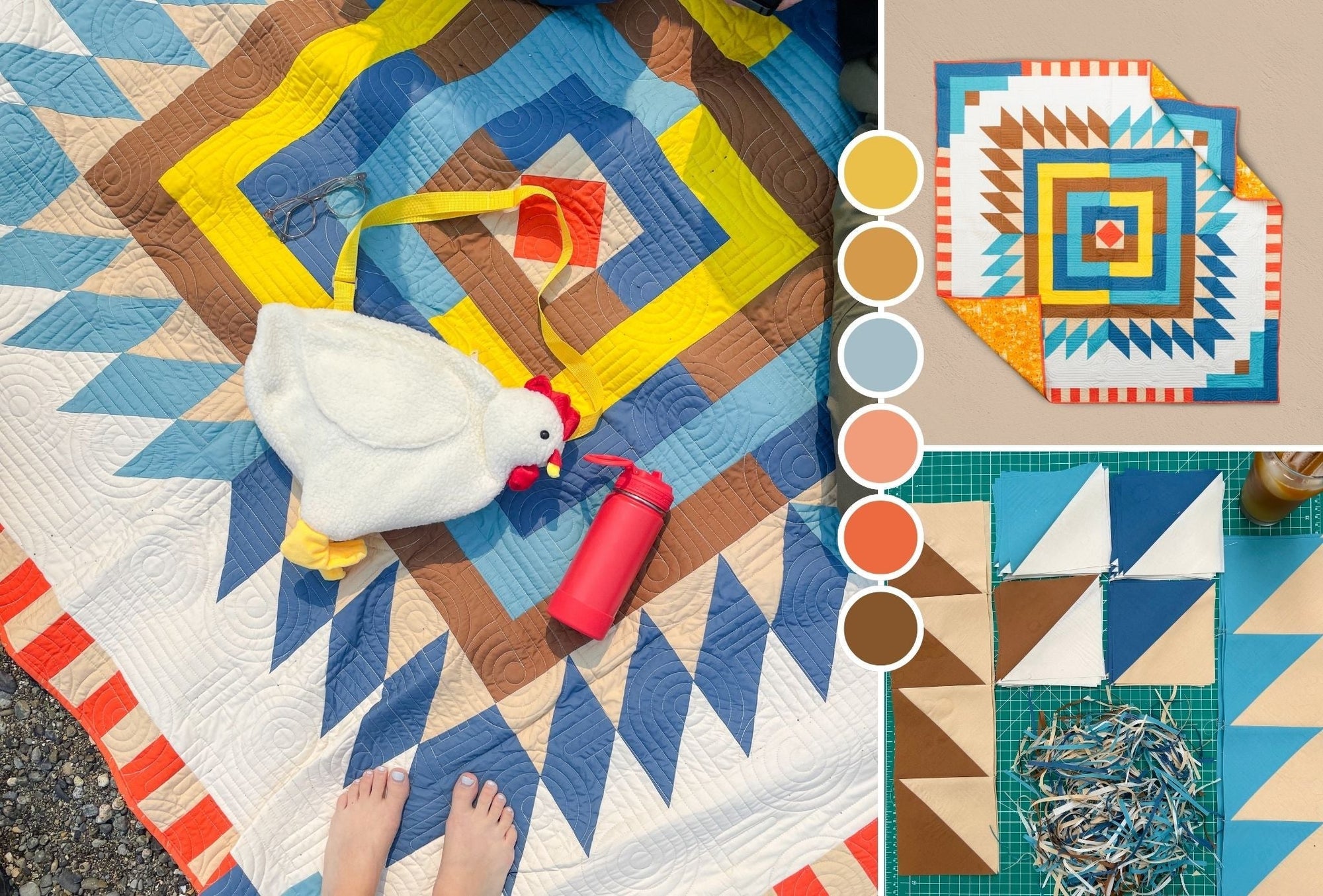 Collage of the finished Floyd quilt and various stages of the process September quilt color palette by Toad & Sew.