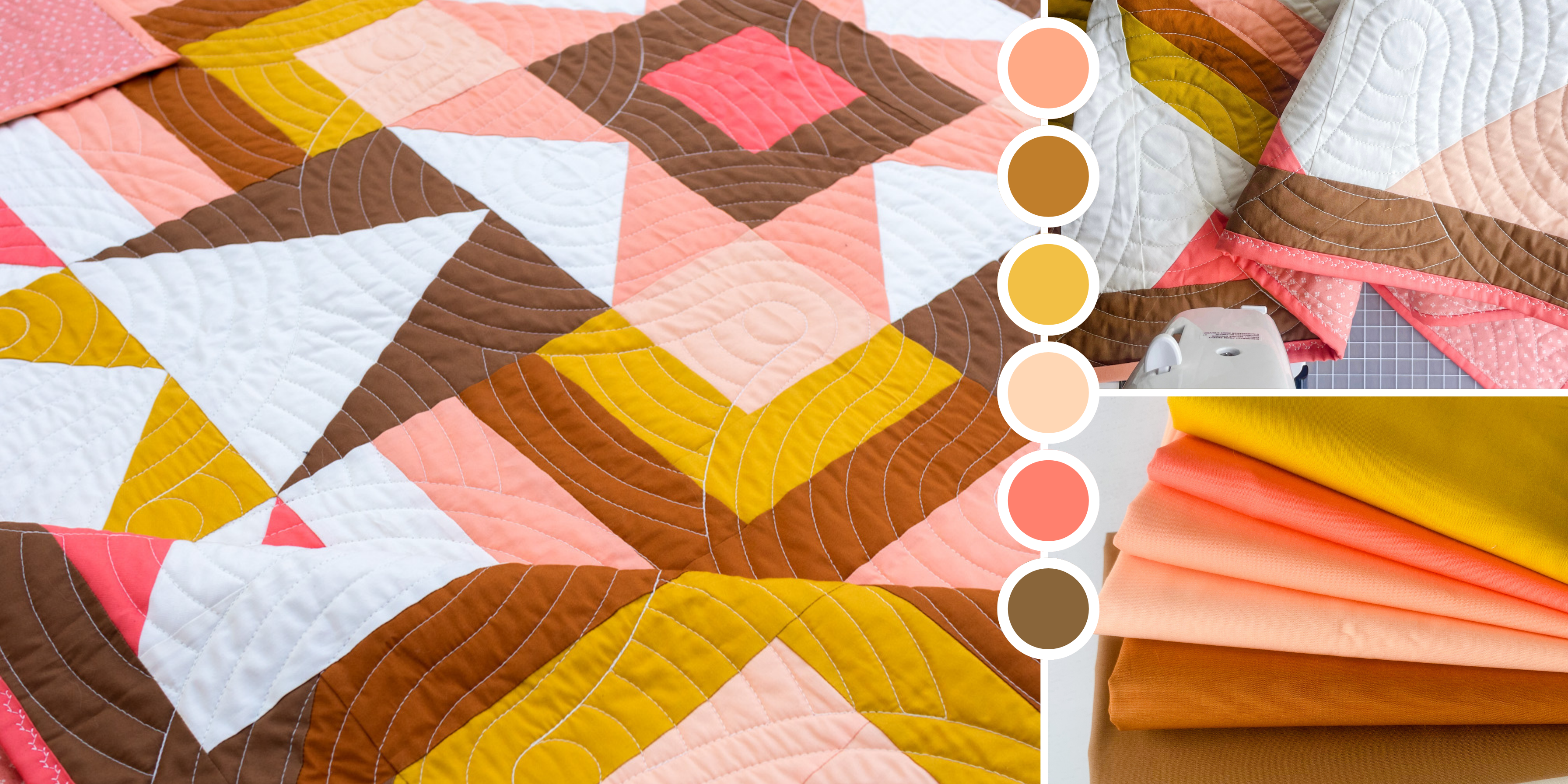 Close-up of the modern Joplin pattern overlaid with circles emphasizing the shades of the Toad & Sew May quilt color palette.