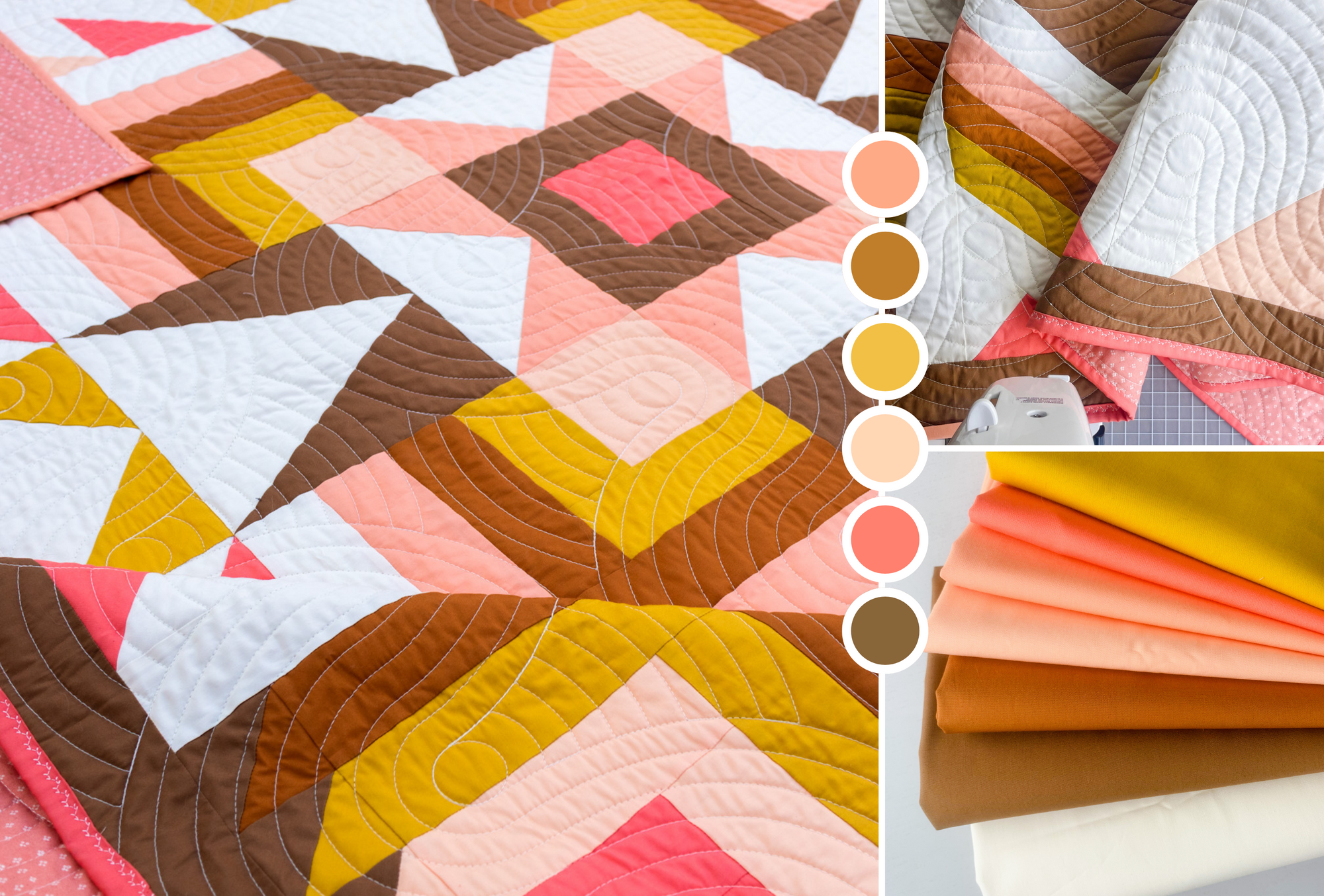 Close-up of the modern Joplin pattern overlaid with circles emphasizing the shades of the Toad & Sew May quilt color palette.