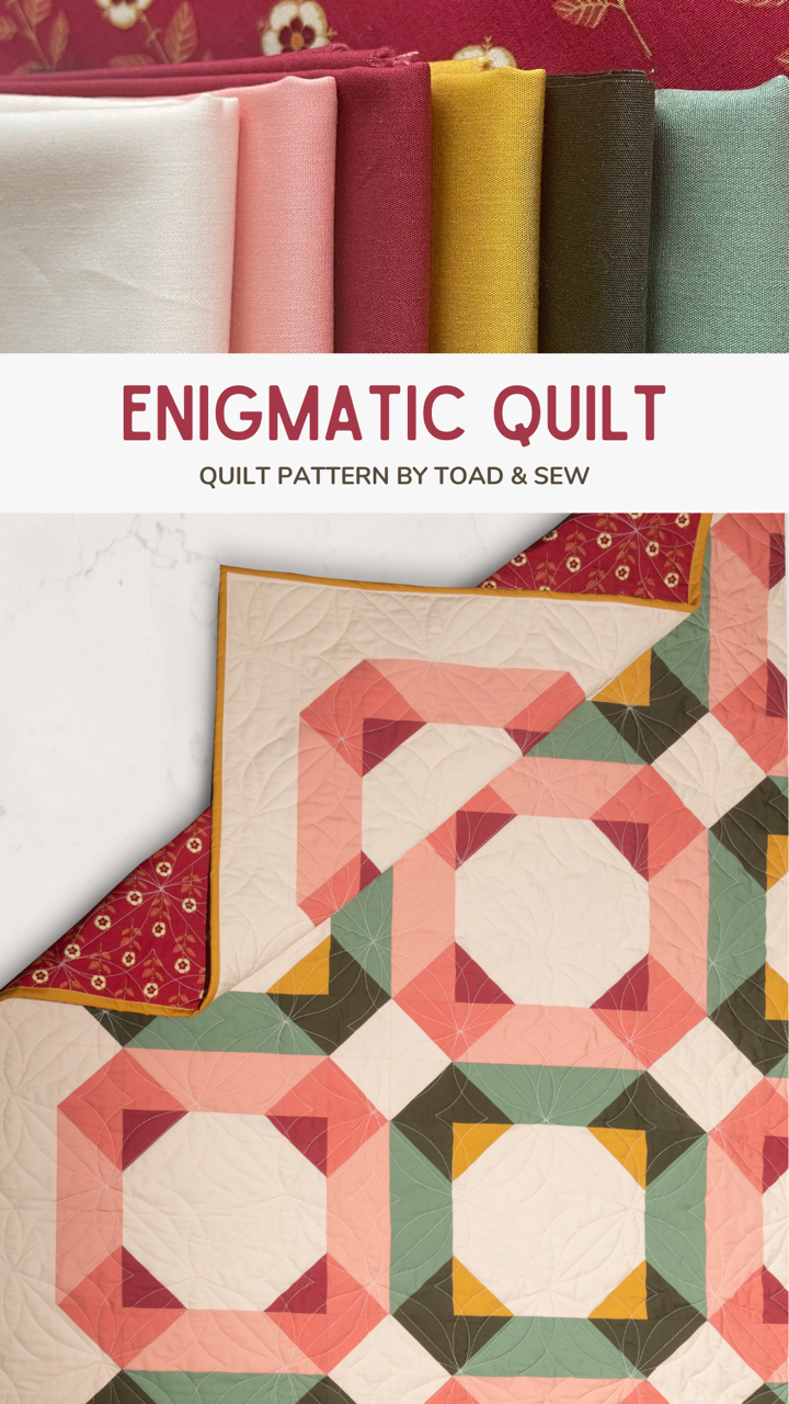 Enigmatic pattern by Toad & Sew in the December quilt color palette. This whimsical pattern is a play on Christmas colors.